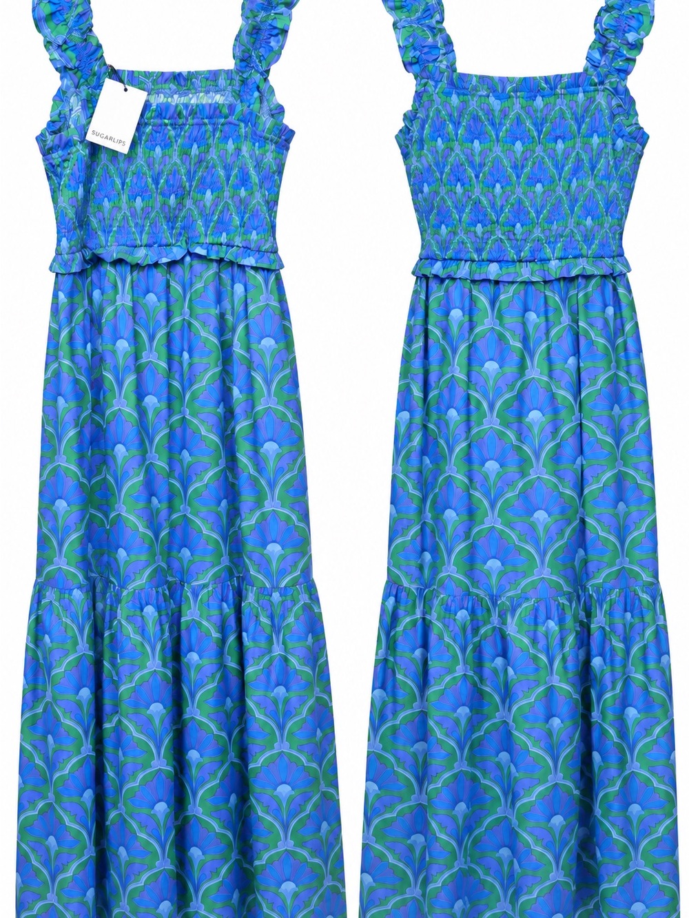 SugarLips Woman’s Blue & Green Smocked Maxi Dress NWT